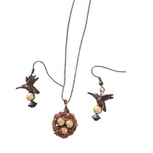 Vtg Copper Rosegold Hummingbird Jewelry Set Gold Accents egg nest pearl necklace